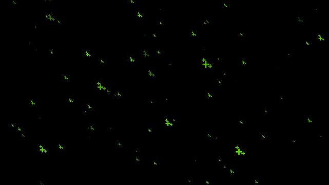 Scattered pixelated plus symbols in shades of bright green and dark green against a solid black background creating a sparse abstract pattern with varying sizes and densities of the small shapes