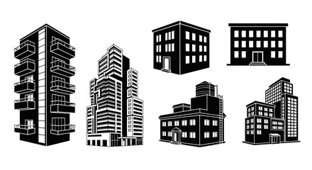 Obraz premium Black and white illustration of modern office buildings and apartments