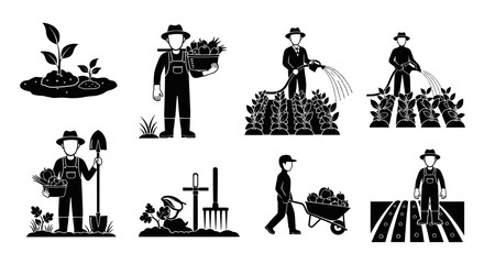 Farmer Icon Set, Agriculture, Farming, Gardening, Glyph Art