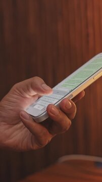 Man hands chatting and typing on smartphone macro closeup. Unrecognizable human typing text message tapping touchscreen keyboard using whatsapp application a social media