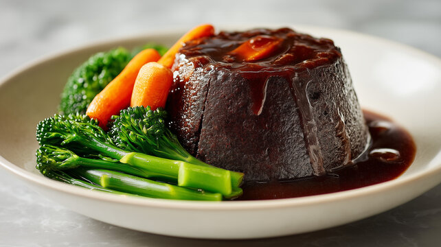 A traditional British steamed suet pudding filled with steak and kidney, served with rich gravy, carrots, and broccolini.