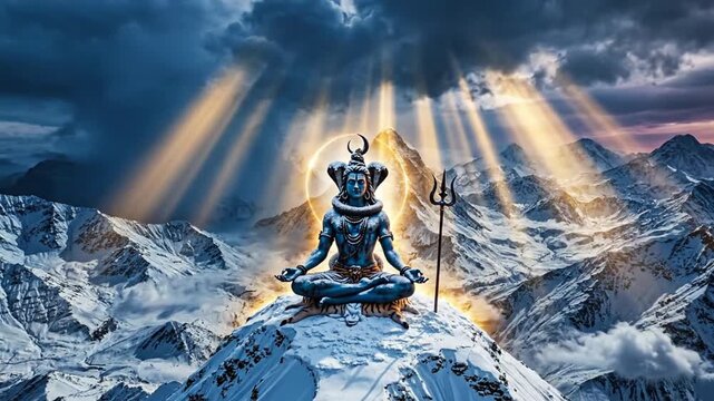Lord Shiva Meditating on Mount Kailash with Divine Light Rays