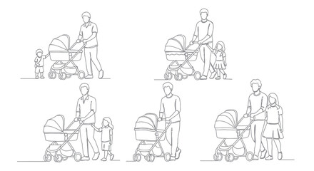Obraz premium Black and White Line Art of Parents and Children with Strollers