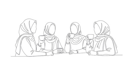 Obraz premium Four Muslim Women in Hijab Enjoying Coffee Together, Line Art