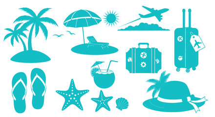 Obraz premium Teal Vacation Icons: Palm Trees, Beach, Luggage, Airplane, Hat, Starfish, Cocktail
