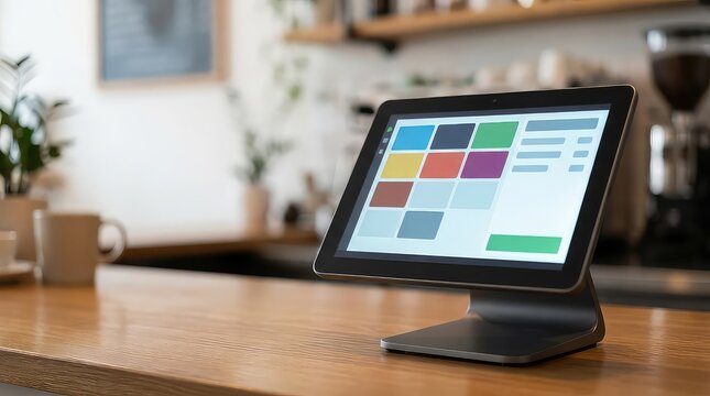 Point of sale terminal with dashboard tiles on cafe counter and left copy space for retail payment software presentation