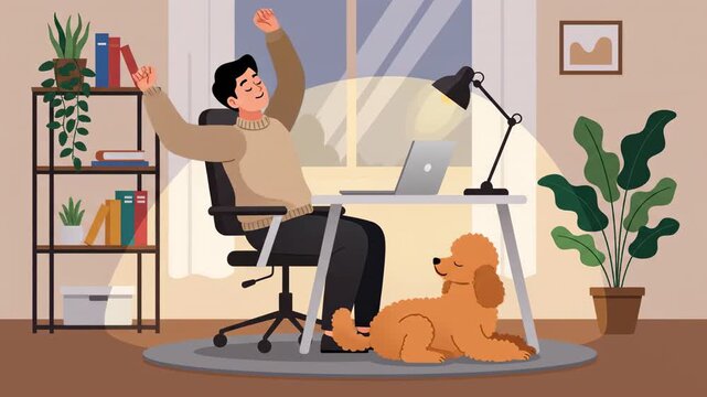 Animated man stretching after working from home next to his dog and laptop computer in a cozy room