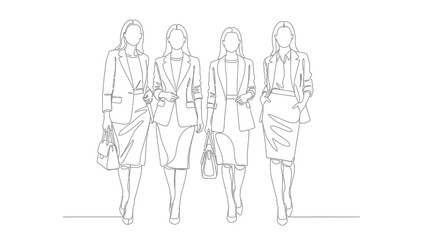 Black and White Line Art of Four Businesswomen Walking