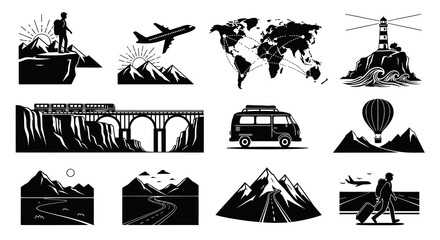 Obraz premium Black White Travel Icons: Mountains, Airplane, Train, World Map, Lighthouse