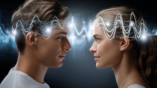 Futuristic telepathic communication between two unrecognizable people using brain-computer interface headsets, glowing neural waves concept, with copy space