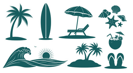 Obraz premium Tropical Beach Vacation Icons: Palm Tree, Surfboard, Sun, Wave, Cocktails, Shells