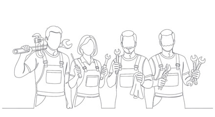Obraz premium Line Art of Diverse Mechanics Holding Tools for Automotive Repair