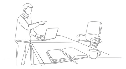 Fototapeta premium Office Scene with Man Pointing at Laptop, Desk, Chair, Book, Coffee
