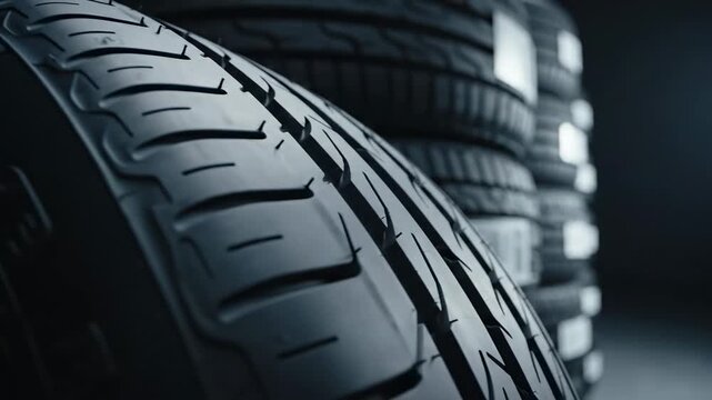 Video of stacked car tires captured in macro side perspective, auto service theme, warehouse storage, mechanical supply and mobility infrastructure visual.
