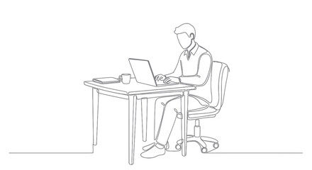 Fototapeta premium Mężczyzna pracujący na laptopie przy biurku, ciągła linia, technologia