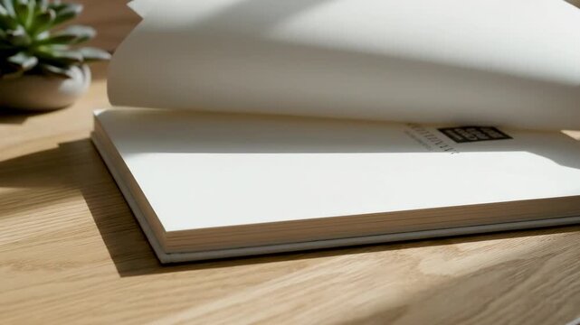 This video features a notebook page flip with smooth paper turning motion on a clean desk setup, productivity workspace concept, minimal office aesthetic, and modern stationery branding visual.