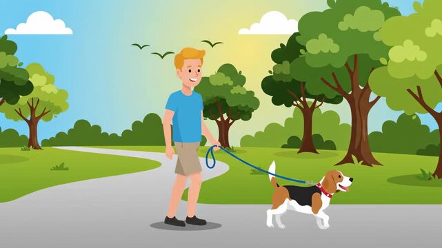 Animated man walking a beagle dog on leash in park with path and trees against blue sky