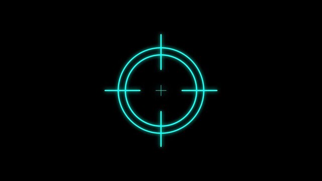 blue Neon Crosshair Target on Black Background reticle. Military training, Military target icon animation. Crosshair, gun aim, sniper target concept.animation 4k Quality full video.