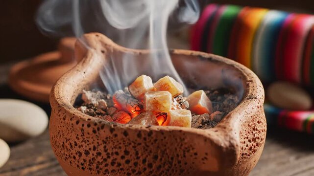 Video of copal incense burning in a handcrafted clay pot, spiritual atmosphere, aromatic smoke ritual, heritage tradition and calming environment concept for wellness and cultural storytelling.