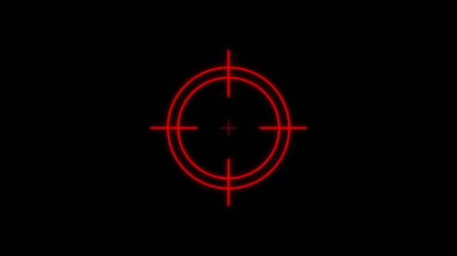 Red Neon Crosshair Target on Black Background reticle. Military training, Military target icon animation. Crosshair, gun aim, sniper target concept. animation 4k Quality full video.