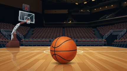Naklejka premium Basketball on polished wooden court in professional indoor arena with dramatic lighting