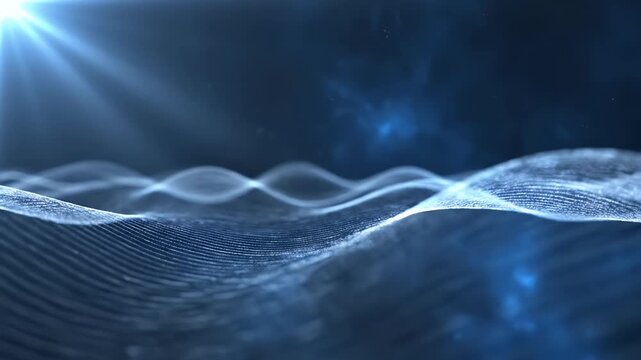 A luminous light beam shines on a digital, undulating, particle-filled surface in deep blue