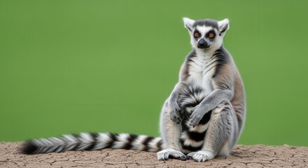 Fototapeta premium Cute Ring-Tailed Lemur Sitting on Ground with Green Background in Nature