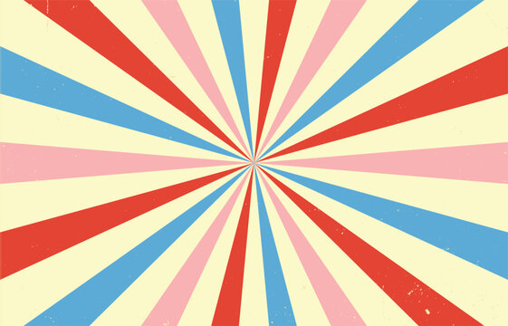 Vintage retro sunburst background with colorful red blue and pink rays. Distressed radial pattern wallpaper for circus, carnival and celebration designs