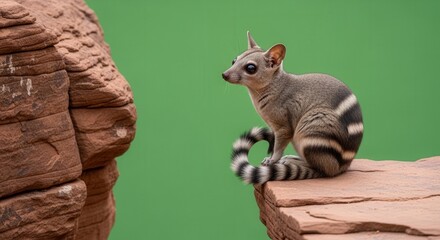 Fototapeta premium Cute Ring-Tailed Lemur Sitting on Rock with Green Background