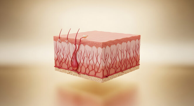 3D Cube Cross-Section of Human Skin with Rich Vascular Network and Hair Follicles. Highly detailed 3D anatomical illustration of human skin presented as a clean cube cross-section.