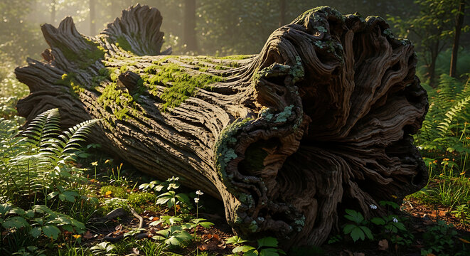 Ancient Fallen Log Adorned with Moss, Bathed in Serene Sunlight Within a Vibrant Forest Ecosystem