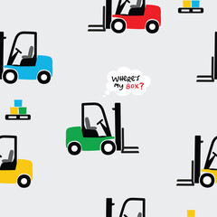 Cartoon Forklift Seamless Pattern with Missing Box Question © atap