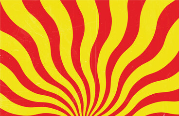 Retro red and yellow wavy sunburst background with distressed texture. Vintage radial swirl pattern for circus carnival and pop art designs © 8 Bit Studio
