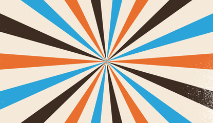 Vintage retro radial sunburst background with colorful blue, orange and brown rays. Distressed starburst pattern, 70s style pop art © 8 Bit Studio