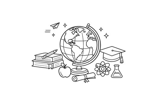 A black and white line art illustration featuring school and