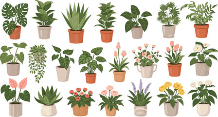 Cartoon Indoor Houseplants and Blooming Flowers Collection with Decorative Pots Tropical Foliage Succulents and Hanging Greenery for Botanical Vector Design © MdMunzurul