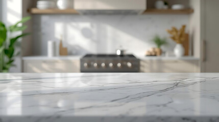 Marble kitchen countertop with blurred modern kitchen background