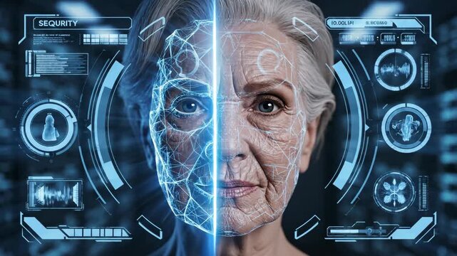 This video presents digital biometric facial scan animation with blue light overlay, AI security system interface and identity verification technology theme for fintech and enterprise media.
