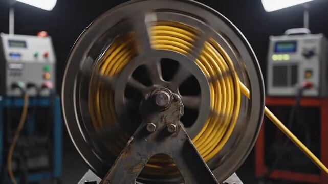 Video of industrial extension cord spool releasing cable in smooth rotation, electrician equipment theme, maintenance workspace detail and technical environment background.