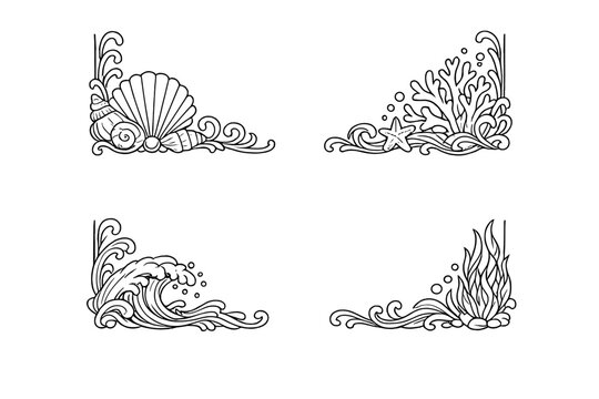 Set of four nautical corner borders in black and white line art