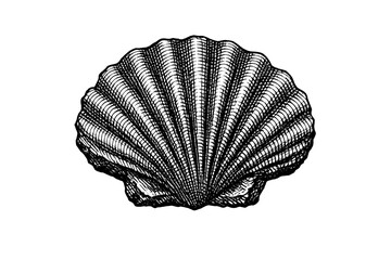 A detailed black and white engraving of a scallop seashell isolated © Mark