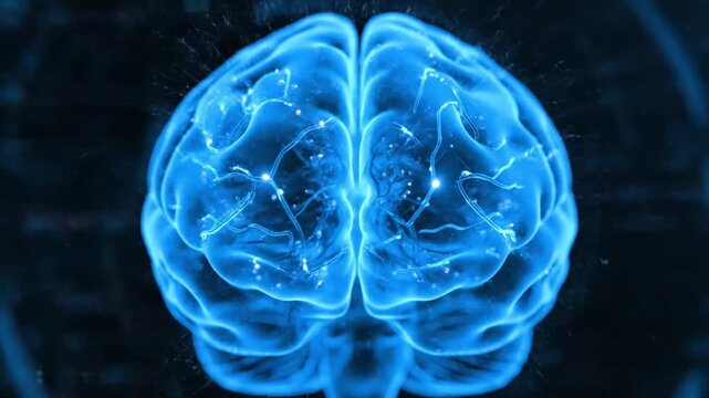 Glowing blue brain in neon lighting with futuristic texture for science and technology