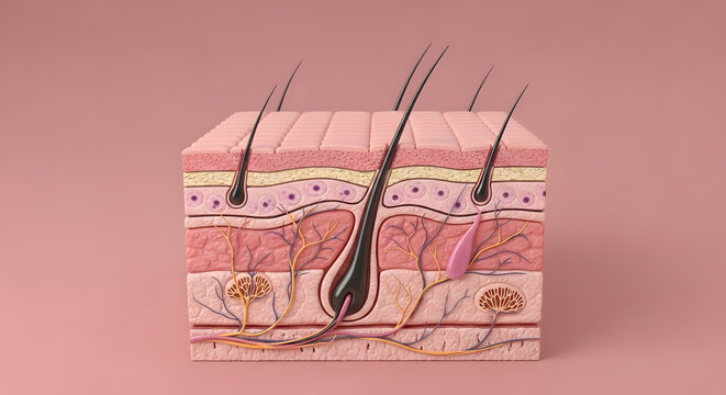 3D Cube Cross-Section of Human Skin with Hair Follicles, Sebaceous Glands, Nerves, Blood Vessels and Pacinian Corpuscles
