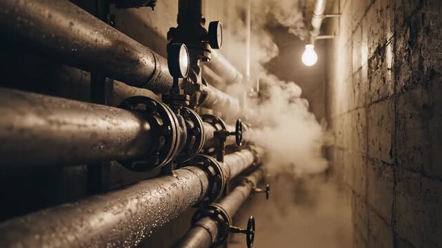 This video showcases Central Heating Pipes &ndash; Steam flow detail, basement scene, featuring industrial utility infrastructure, home heating system concept and mechanical engineering background for