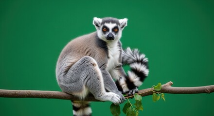 Fototapeta premium Cute Ring-tailed Lemur Sitting on Tree Branch with Green Background