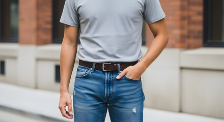 A young man in casual clothing standing in front of a building