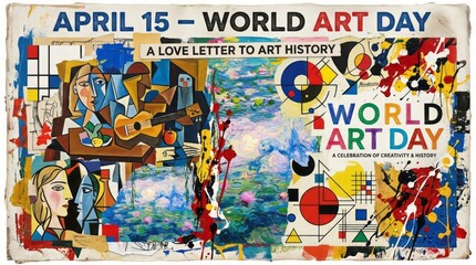 Obraz premium world art day poster with vintage art history collage and creative elements