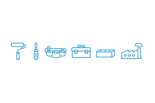 A set of blue outline icons representing construction and industry