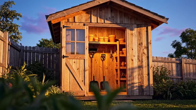 Video of Backyard tool shed facade in warm evening glow emphasizing DIY culture, gardening equipment storage and sustainable home living concept for branding and advertising use.