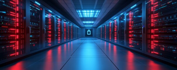 3D lock symbolizing cybersecurity, protecting data streams and online storage. Cloud computing and IT safety in a server room designed for virtual networking, Generative AI